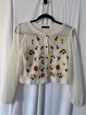 SHEIN White CrCrochet Knit Floral Embroidered Button-Front Top with Sheer Sleeve
